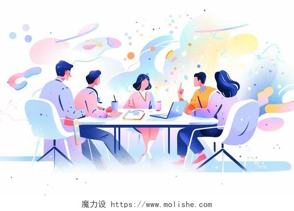 人物五个人坐在会议桌旁开会卡通AI插画